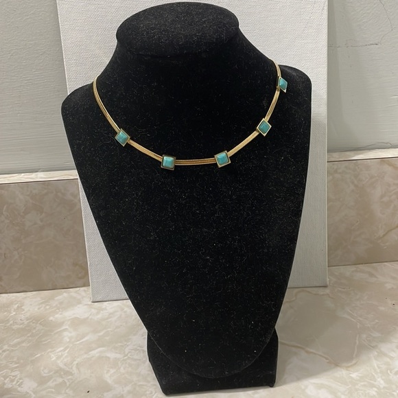 Turquoise Blue Stone Square Herringbone Necklace - Picture 12 of 17